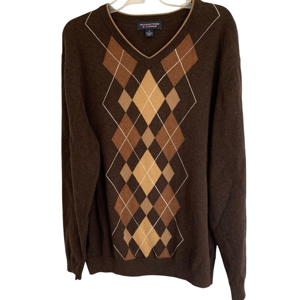 Vintage Mens Roundtree & Yorke Brown Argyle V-neck Cotton Sweater Sz Large